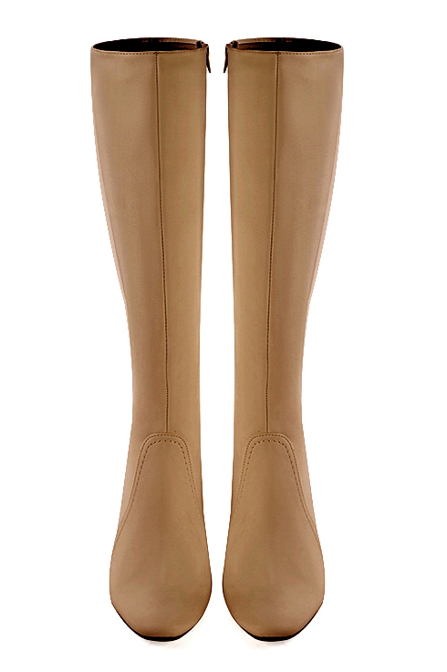 Camel beige women's feminine knee-high boots. Round toe. High block heels. Made to measure. Top view - Florence KOOIJMAN